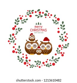 Merry Christmas and Happy New Year greeting card. Cute owl cartoon vector  illustration.