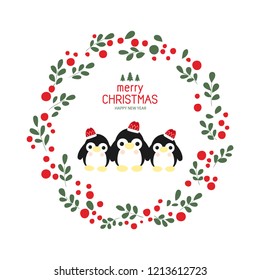 Merry Christmas and Happy New Year greeting card. Cute penguin cartoon vector  illustration.