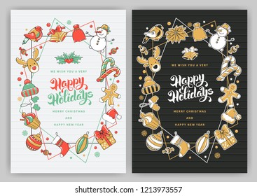 Merry Christmas And Happy New Year Greeting with different elements of winter celebration and space for text. Vector illustration. 