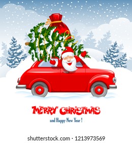 Merry Christmas and Happy New Year greeting. Cute and cheerful Santa Claus in the red retro car with a Christmas tree and gifts in a bag. Snowy forest on background. Vector illustration.