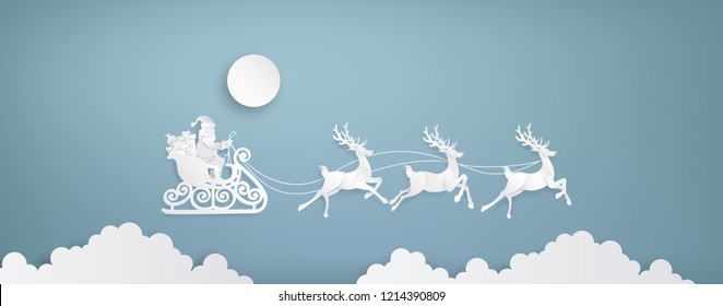 
Merry Christmas and Happy New Year. Illustration of Santa Claus on the sky ,paper art and craft style