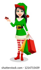 Merry Christmas and Happy New Year. Beautiful woman in costume of Elf. Lady Santa Helper cartoon character holds credit card and shopping bags. Vector illustration