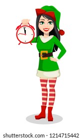 Merry Christmas and Happy New Year. Beautiful woman in costume of Elf. Lady Santa Helper cartoon character holds alarm clock. Vector illustration