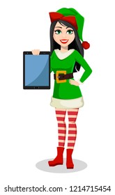 Merry Christmas and Happy New Year. Beautiful woman in costume of Elf. Lady Santa Helper cartoon character holds tablet. Vector illustration