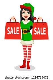 Merry Christmas and Happy New Year. Beautiful woman in costume of Elf. Lady Santa Helper cartoon character holds shopping bags for sale. Vector illustration