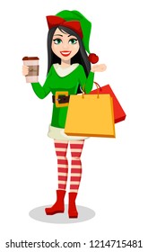 Merry Christmas and Happy New Year. Beautiful woman in costume of Elf. Lady Santa Helper cartoon character holds shopping bags and coffee. Vector illustration