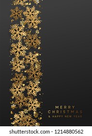 Merry Christmas and Happy New Year. Xmas background with Shining gold Snowflakes. Greeting card, holiday banner, web poster
