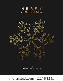 Merry Christmas and happy new year. Black background with festive gold linear style
