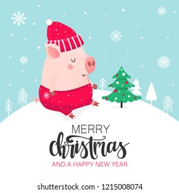 Merry Christmas and Happy New Year card with a cartoon little pig on a blue background with snowflakes. Chinese symbol of the 2019 year. Vector illustration.