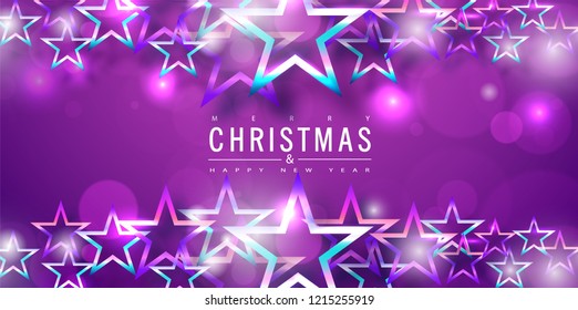 Merry Christmas and Happy New Year background with colored stars. Modern design.Universal vector background for poster, banners, flyers, card.