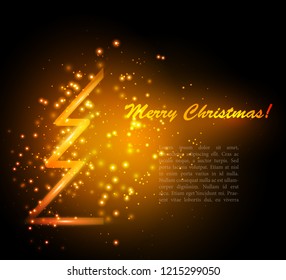 Merry christmas and happy new year fancy gold xmas tree with lights. Ideal for greeting card or elegant holiday party invitation. Christmas card. Vector illustration