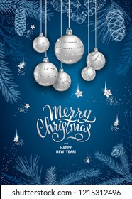 Merry Christmas And Happy New Year Card With Realistic Silver Balls, Stars, Sequins. Sketch Of Different Branches Of Fir Tree, Cedar, Pine, Hawthorn And Cones On Blue Background. Elegant Lettering