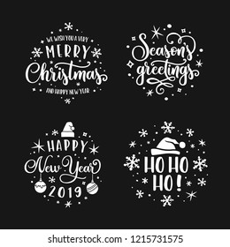 Merry Christmas and Happy New Year lettering template set. Greeting card or invitation. Seasons greetings 2019. Vector vintage illustration.