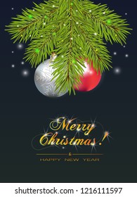 Merry Christmas and Happy New Year card with red, silver balls and spruce branch. Merry Christmas calligraphy. Vector illustration.