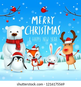 Merry Christmas and Happy New Year! Christmas Cute Animals Character. Happy Christmas Companions. Polar Bear, Fox, Penguin, Bunny and Red Cardinal Bird in snow scene. Winter landscape.