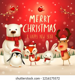 Merry Christmas and Happy New Year! Christmas Cute Animals Character. Happy Christmas Companions. Polar Bear, Fox, Penguin, Bunny and Red Cardinal Bird in snow scene. Winter landscape.