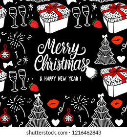 Merry Christmas and Happy new year Card fashion sketch celebration gift box, tree and fireworks. Hand drawn Vector illustration isolated on black background. Greeting square design
