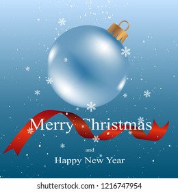 Merry Christmas and Happy New Year 2019, vector greeting illustration with snowflakes and christmas ball