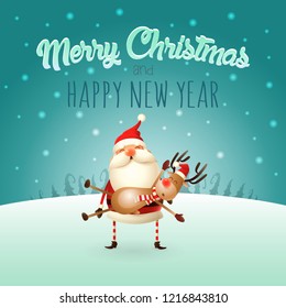 Merry Christmas and happy New Year greeting card - Santa Claus carries a Reindeer on his hands