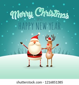 Merry Christmas and happy New Year greeting card - Santa Claus and Reindeer celebrate Christmas - winter landscape