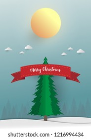 Merry Christmas and Happy New Year background. Santa Claus, Snowman and Christmas tree ,paper art and digital craft style. Vector illustration.