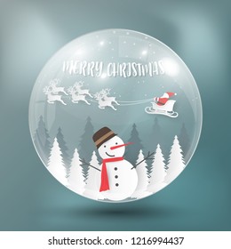 Merry Christmas and Happy New Year background. Santa Claus, Snowman and Christmas tree ,paper art and digital craft style. Vector illustration.