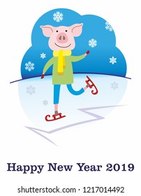 Merry Christmas and Happy New Year 2019 funny card design. With cartoon pigs. Funny Christmas pig, Chinese year of the pig. Colorful Vector illustration EPS 10.