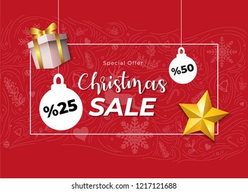 Merry Christmas and happy new year banner with Christmas decoration: red and white ball, gift box and star on red background. Xmas holiday greeting card, beautiful Christmas sale poster