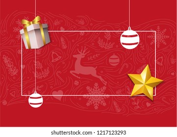 Merry Christmas and happy new year banner with Christmas decoration: red and white ball, gift box and star on red background. Xmas holiday greeting card with copy space