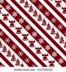 Merry Christmas and Happy New Year! Seamless pattern, striped holiday backgrounds with trees, bell and snowflakes.