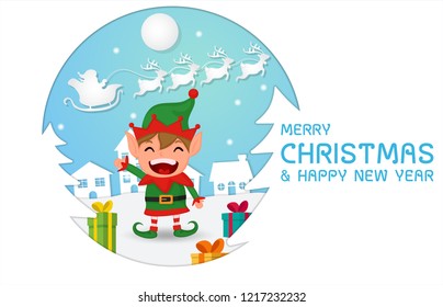 Merry Christmas and Happy New Year. Papercut Elf white santa on Christmas Eve.