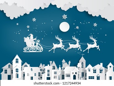 Merry Christmas and Happy New Year. Illustration of Santa Claus on the sky coming to City ,paper art and craft style