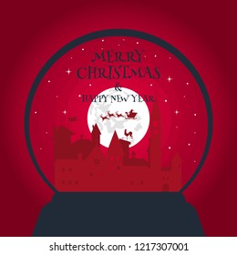 Merry Christmas and Happy New Year. Illustration of Santa Claus on the sky coming to City  in the snow globe. Vector illustration.