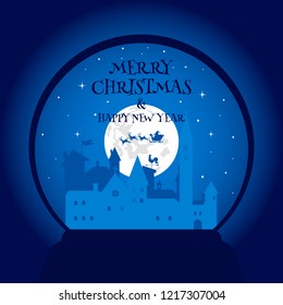 Merry Christmas and Happy New Year. Illustration of Santa Claus on the sky coming to City  in the snow globe. Vector illustration.