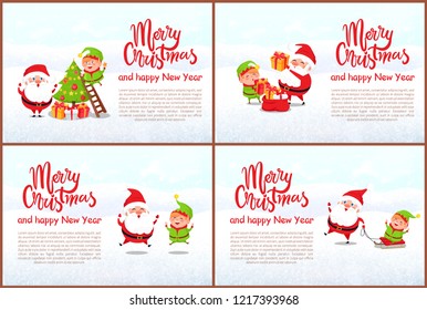 Merry Christmas and Happy New Year greeting card. Santa and elf decorating xmas tree, put presents in sack, jumping of happiness and riding sleigh