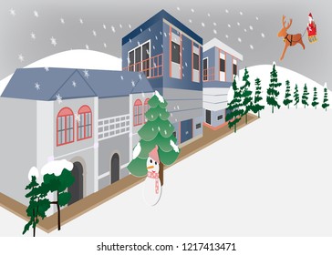 Merry Christmas and Happy New Year with santa claus coming in the night and the city,perspective view vector illustration.