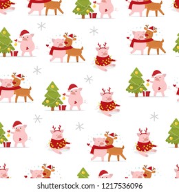 Merry Christmas and a Happy New Year 2019. Cute Christmas pigs. Seamless pattern. Vector illustration