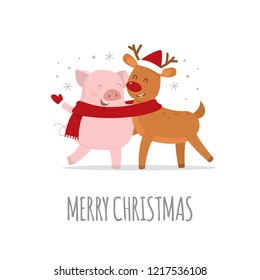 Merry Christmas and a Happy New Year 2019. Cute Christmas pig and reindeer. Year of a Pig. Vector illustration