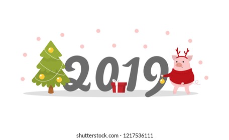 Merry Christmas and a Happy New Year 2019. Cute Christmas pig. Year of a Pig. Vector illustration