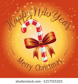Merry Christmas, Happy New Year lettering with candy cane. Christmas greeting card. Handwritten and typed text, calligraphy. For leaflets, brochures, invitations, posters or banners.