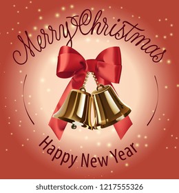 Merry Christmas, Happy New Year lettering with bells. Christmas greeting card. Handwritten and typed text, calligraphy. For leaflets, brochures, invitations, posters or banners.