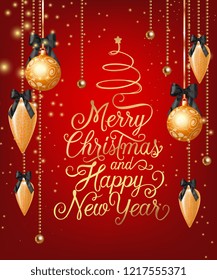 Merry Christmas and Happy New Year lettering with baubles. Christmas greeting card. Handwritten text, calligraphy. For leaflets, brochures, invitations, posters or banners.