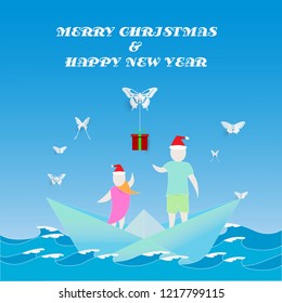 Merry Christmas & Happy New Year background with colorful paper boat, butterfly and kid for your Seasonal Flyers and Greetings Card or party theme invitations. Vector illustration.