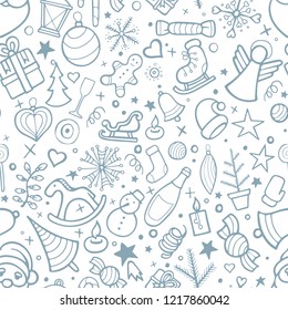 Merry Christmas and Happy New Year. Christmas and Happy New Year hand drawn seamless background.
Winter holidays doodle, sketch drawing symbols and icons.