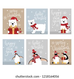 Merry Christmas and happy new year greeting card with cute polar bear and penguin. Hand lettering calligraphy. Animal wildlife holidays cartoon character vector set.