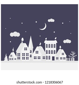 Merry Christmas and Happy New Year. A small winter city. Paper art in digital style. Vector illustration.