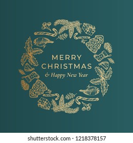 Merry Christmas and Happy New Year Hand Drawn Sketch Wreath, Banner or Card Template. Abstract Holiday Vector Label with Retro Typography and Gold Color. Isolated.