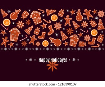 Merry Christmas and Happy New Year greeting card with gingerbread cookies, orange, sparkles and snowflakes border isolated on brown background. Vector illustration for winter holiday design