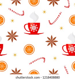 Merry Christmas and Happy New Year seamless pattern with badian, candy, orange, sparkles and cup of tea isolated on white background. Vector illustration for winter holiday design in flat style