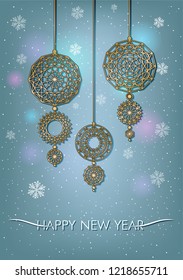 Merry Christmas and Happy New Year. Blue background with luminescent glow. Snowflakes, stars and christmas decorations. New Year greeting card 
or invitation.